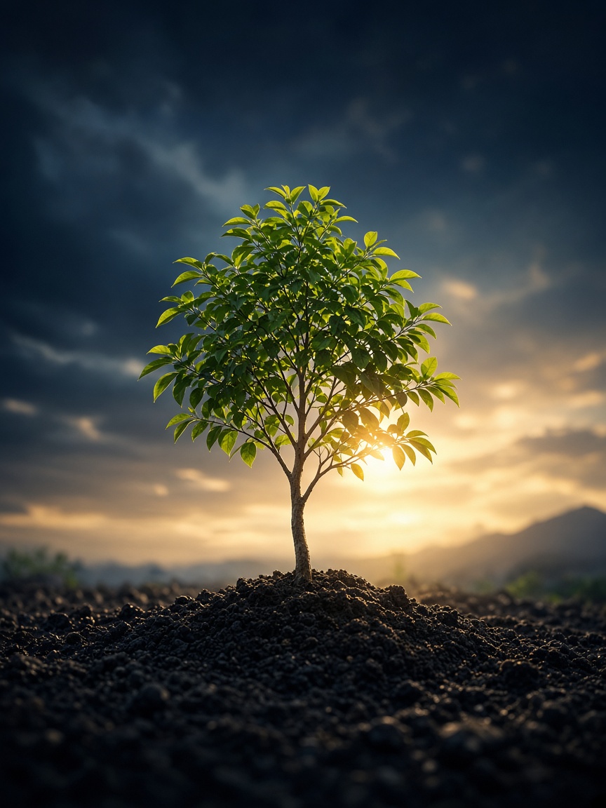 A young tree growing toward sunrise — a visual for growth and prosperity